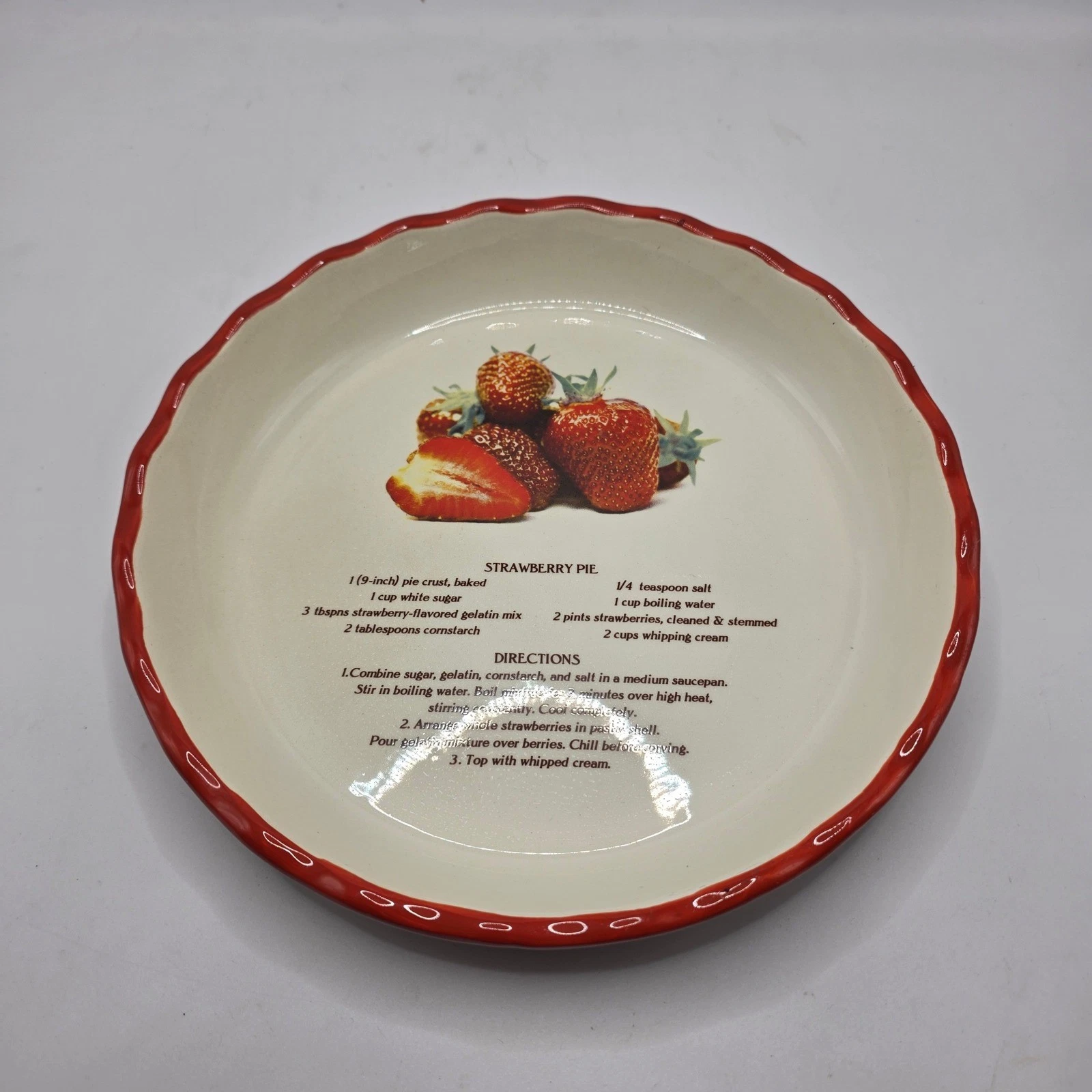 Strawberry Pie Recipe Dish Red Scalloped Basketweave Ceramic Baker 10"