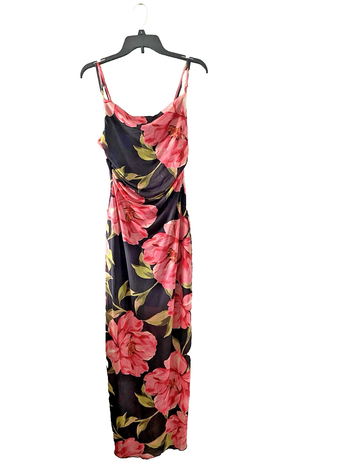 Persaya Maxi Dress Black With Pink, Stretch Mesh Bodycon Ruched  Size L