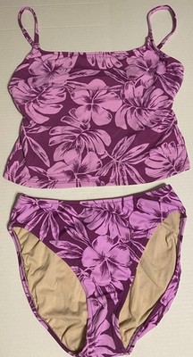 90s Leilani tankini Purple Hibiscus floral top (10) bottoms (8) USA Made  Y2K