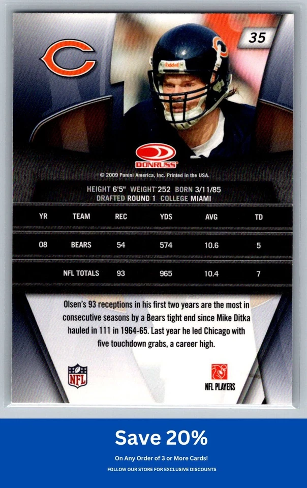 Greg Olsen 2009 Donruss Gridiron Gear #35 Chicago Bears - Image 2 of 2