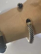 David Yurman 925 Sterling Silver 7mm Black Onyx  and  585 Gold Cable Cuff Medium