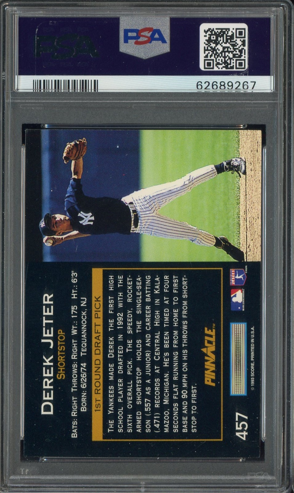 1993 Pinnacle #457 Derek Jeter New York Yankees RC Rookie HOF PSA 6 EX-MT view 2