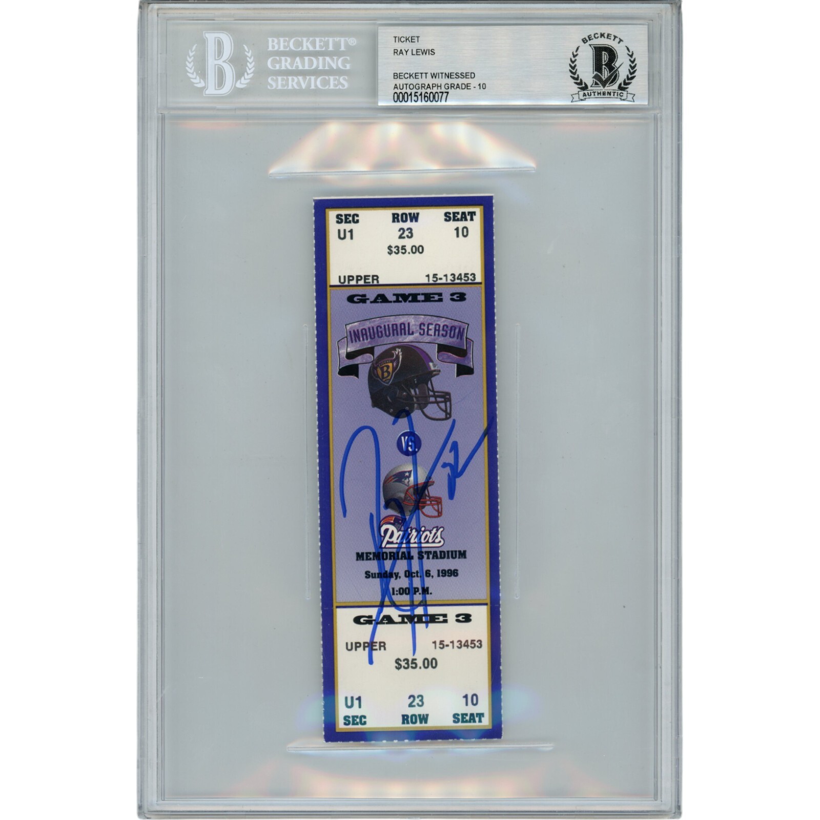 Ray Lewis Autographed Signed Baltimore Ravens 10/06/96 Full Ticket Stub Beckett 