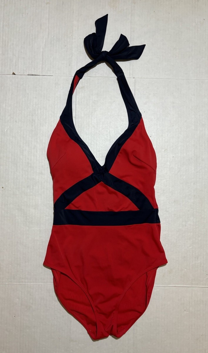 Boden Swimsuit Kefalonia Halterneck One Piece Red Navy Size