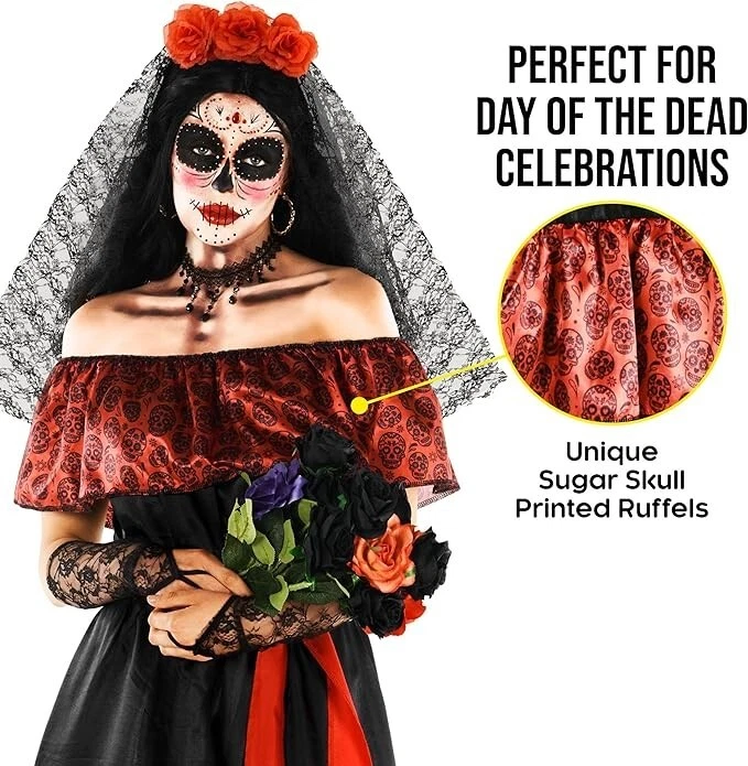 Mujer Día de Muertos Disfraz S-2XL Señora Día de los Muertos Vestido Halloween Foto 3 de 4