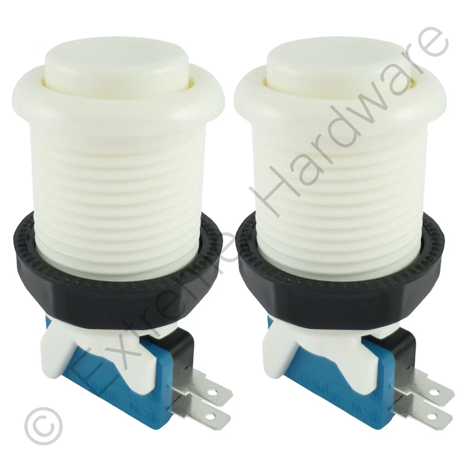 2 x Happ Style 28mm Round Classic Arcade Buttons & Microswitches (White) - MAME