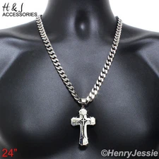 24"MEN Stainless Steel 9mm Silver Cuban Curb Chain Necklace Cross Pendant*H2