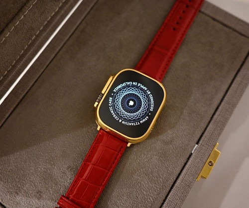 24k Gold Plated Apple Watch ULTRA 2 49mm Red Leather Band 24k Gold Buckle - Picture 6 of 13