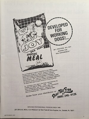 Joy Dog Food Special Meal For Working Dogs Oakdal PA Vintage Print Ad 1980