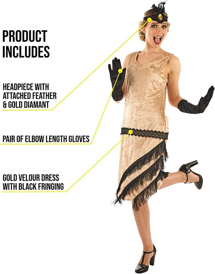 Women`s Charleston Girl Costume + Gloves S - L Ladies Gold Flapper Gatsby Dress | eBay Women`s Charleston Girl Costume + Gloves S - L Ladies Gold Flapper Gatsby Dress | eBay
