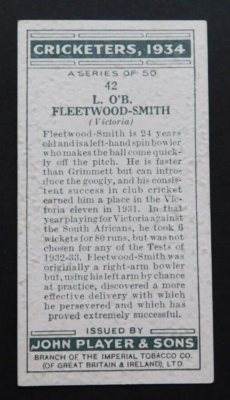 Orig. Player Cigarette Card Cricketers 1934 #42 Fleetwood-Smith Vic. Ashes  Test