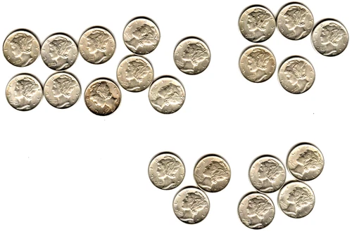 22 hi-grade x/f -unc, mostly a/u mercury dimes 1940, mostly 1941, 1942