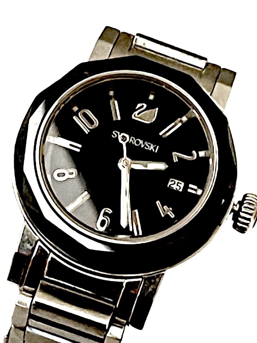 RARE SIGNED SWAROVSKI STAINLESS STEEL BLACK CRYSTAL BEZEL OCTEA D