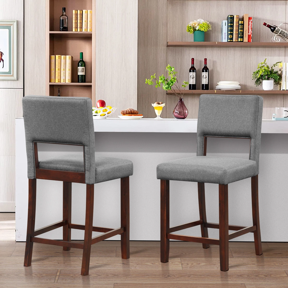2 Pcs Linen Counter Height Bar Stool Chair Set w Hollowed Back Rubber Wood Legs