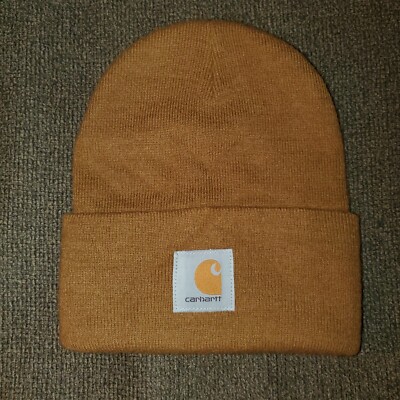 EUC Adult OSFA Carhartt Brown Acrylic Watch Beanie Hat Wheat Khaki Cuff Cap  Logo