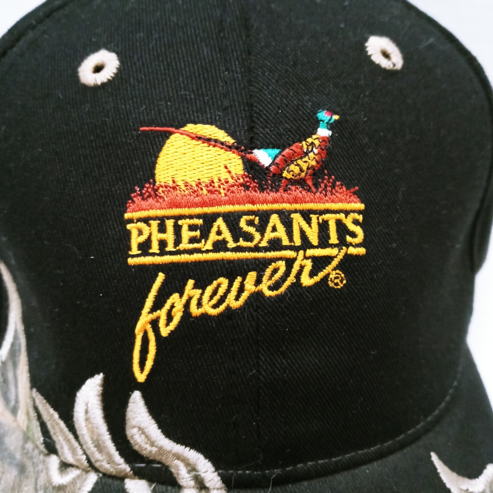 Pheasants Forever Strap Back Hat Camo Flame Black Cap Embroidered
