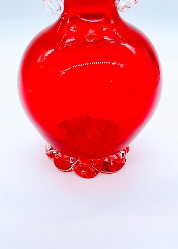 Vintage MCM Hand Blown 7-1/4" Orange Amberina Red Art Glass Vase Applied Handles - Picture 4 of 8