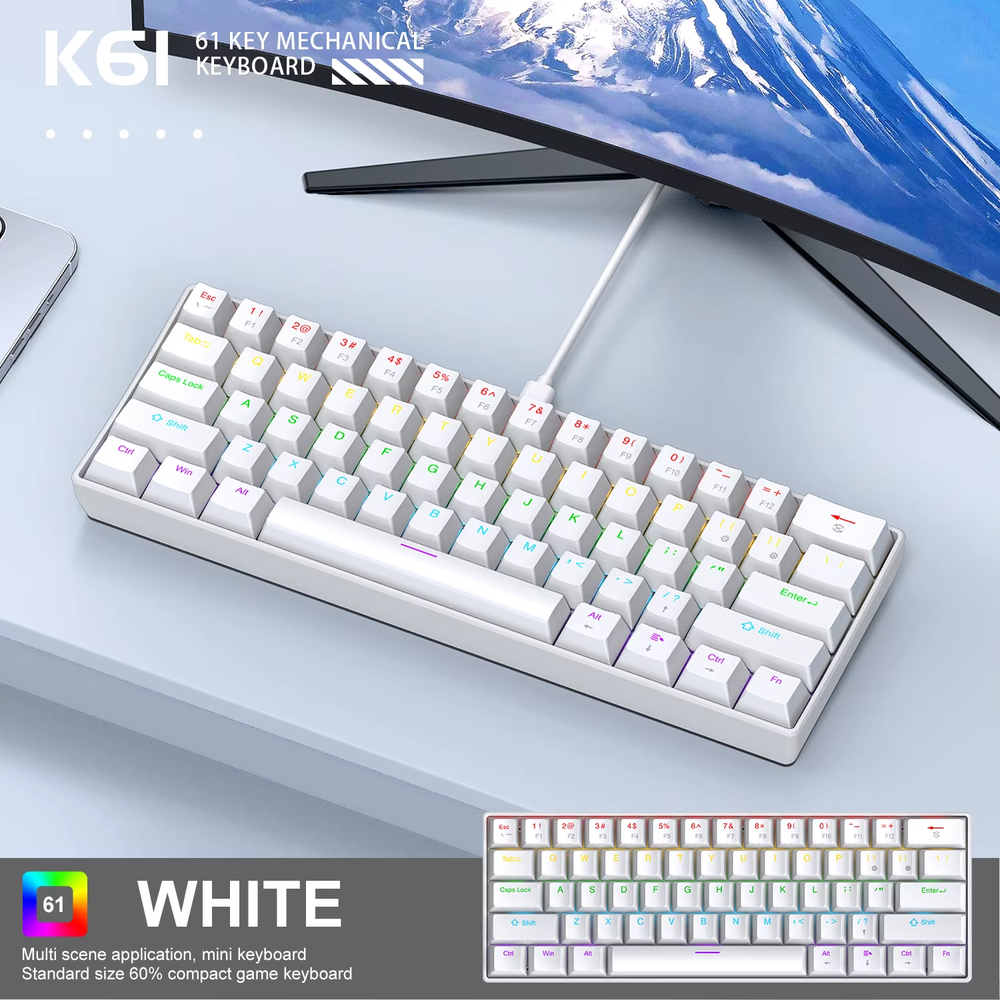 K61 60% Wired Mechanical Keyboard with RGB Backlight in Black or White