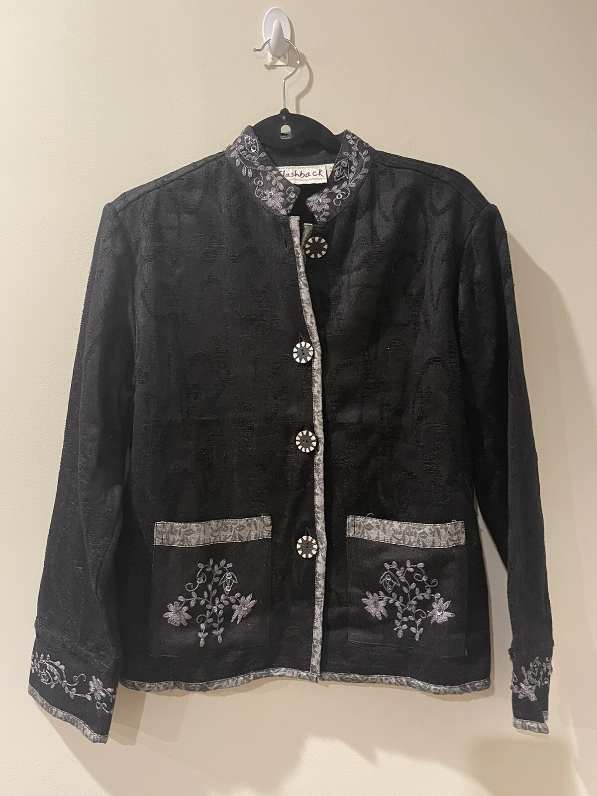 Flashback Black Button Front Stand Up Collar Embr… - image 1