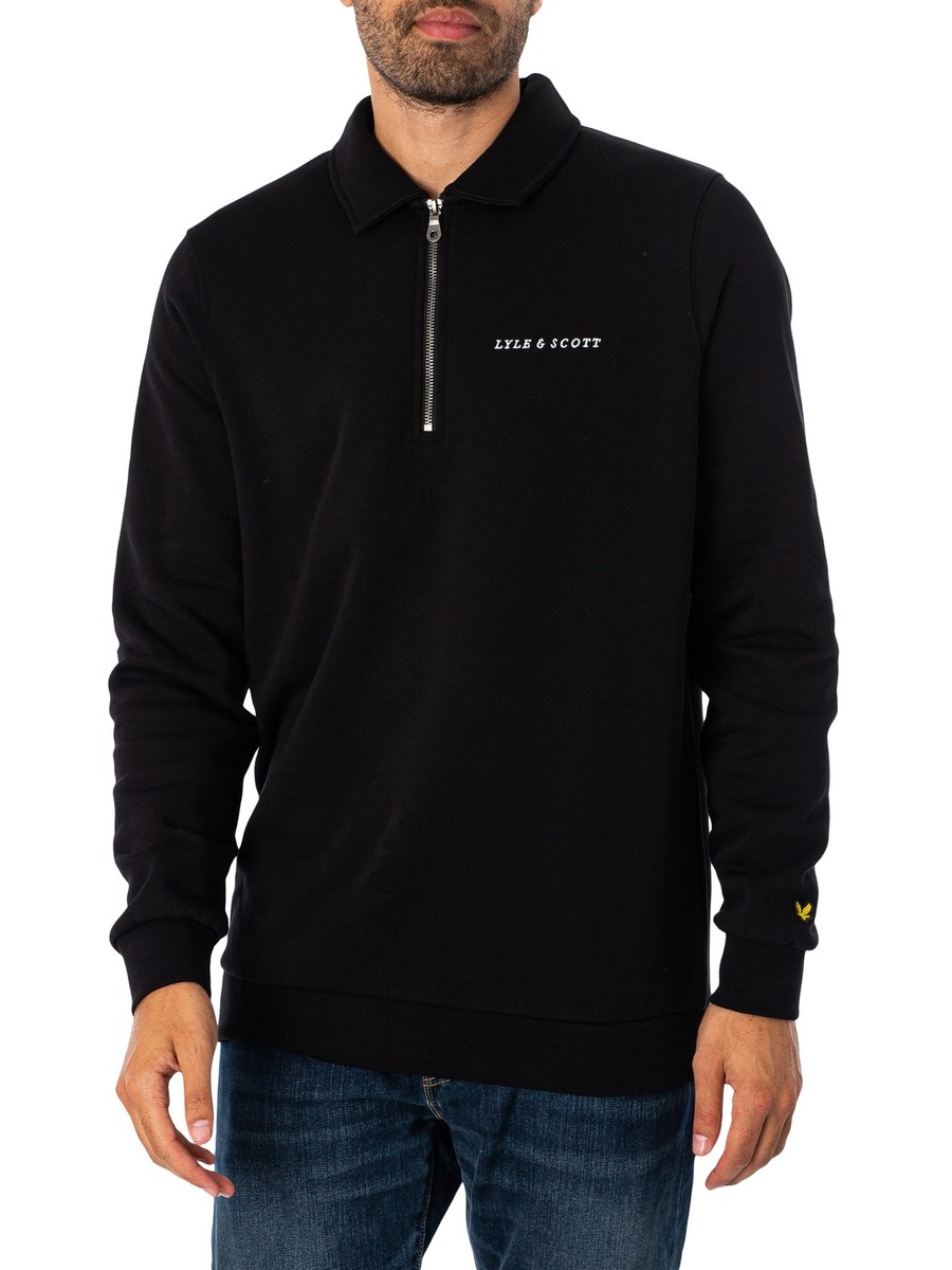 Lyle Scott Men s Embroidered Collared Quarter Zip Sweatshirt Black eBay