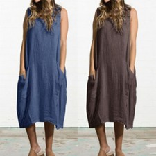 Italian Pocket Lagenlook Tulip Dress Size Linen Plain Plus Sleeveless Midi Women