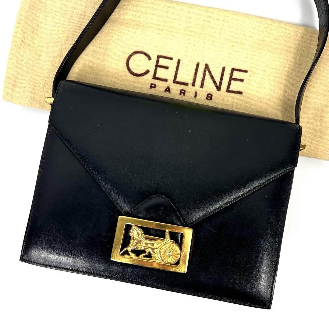 Celine Authentic Black Leather Horse Carriage 2way Shoulder Bag F040186