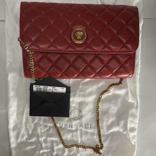 Versace La Medusa Red Quilted Crossbody Bag Medusa Logo Gold Chain Dust Bag - Picture 1 of 2