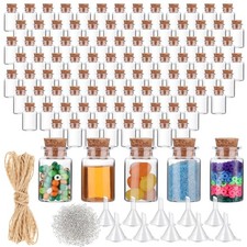 100 PCS Mini Plastic Bottles with Corks Stoppers Eye Screws Funnels