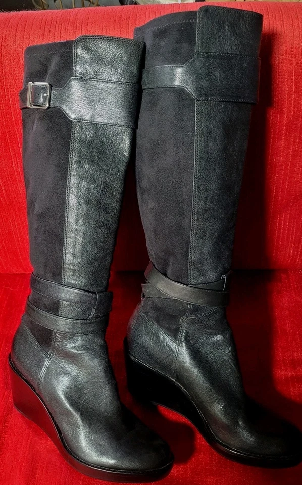 Cole Haan Patricia Black Leather & Faux Suede Wedge Heel Boots High 8 Riding - Image 3 of 4