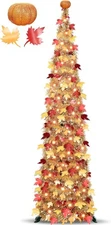 Timer & Pumpkin - 5 Ft Lighted Fall Tree Fall Decor, Fall Pop Up Tinsel Maples