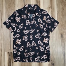 John Varvatos Men  s Danny Camp Shirt Short Sleeve Flowers Size M Black