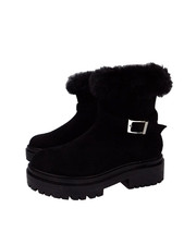 Black Low Platform Boots Womens UK 6 Chunky Sole Ankle Faux Suede Zip Fur Trim