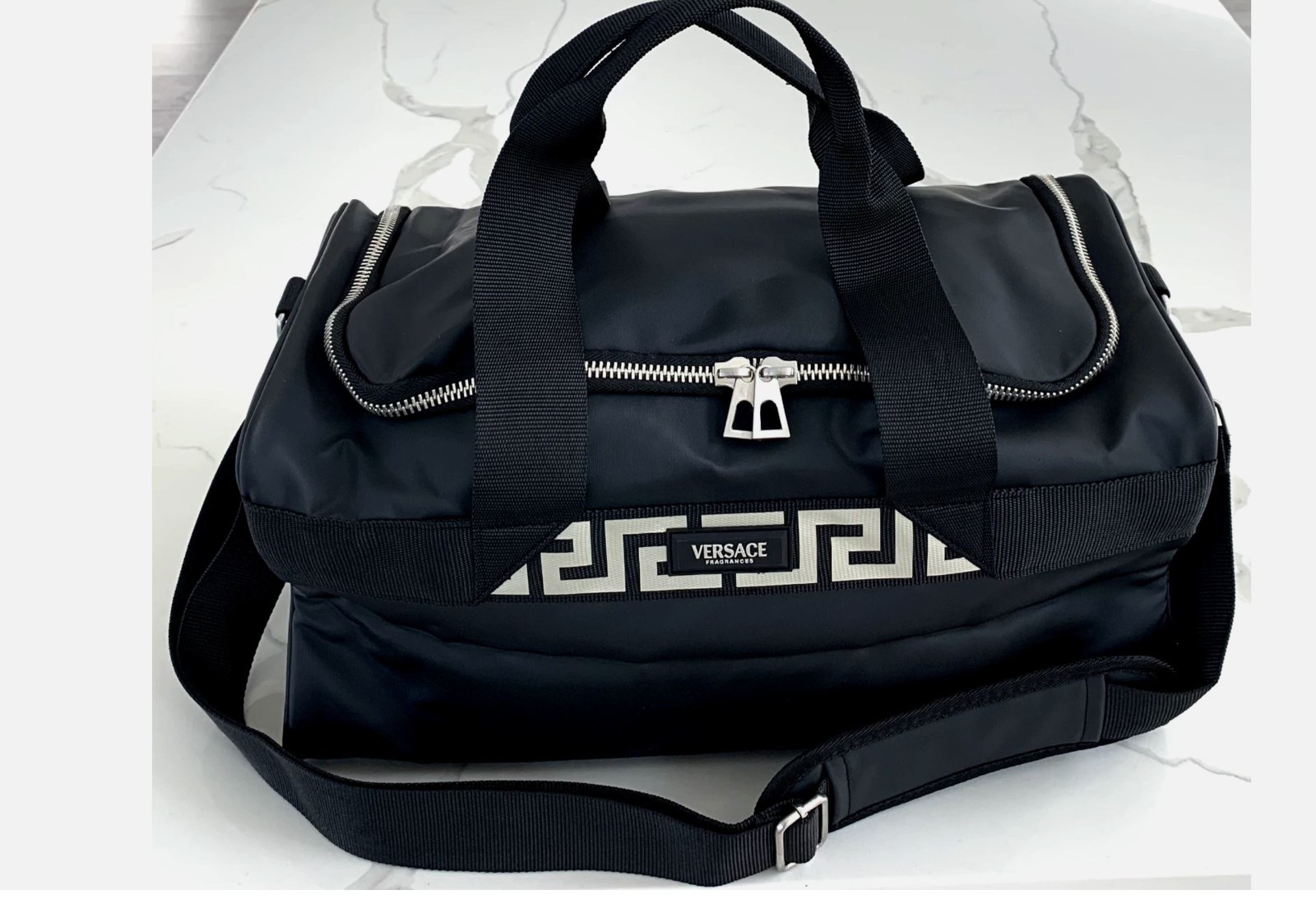 Versace Fragrances Black Duffle with Silver Tone Zipper Travel Overnight Bag New
