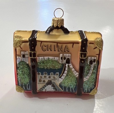 China Travel Suitcase Glass Christmas Ornament Great Wall Shanghai Two Sided