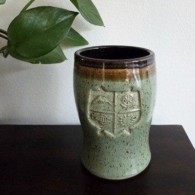Moza Studio Pottery Mug Artist Theresa Murray Hand Stamped Nature Theme 5'' Tall