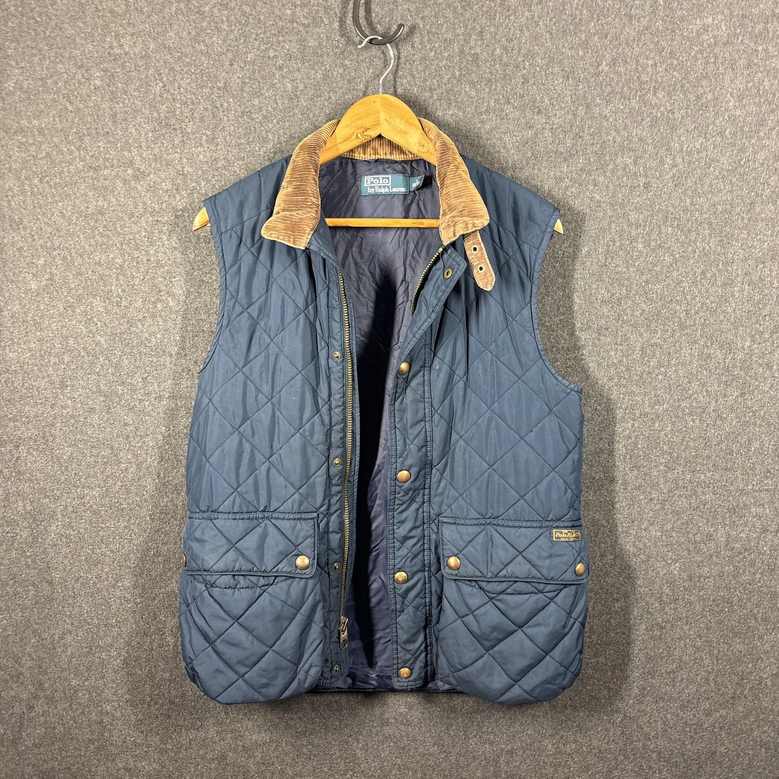 Polo Ralph Lauren Vest Mens Small Blue Quilted Corduroy Collar Pockets Winter