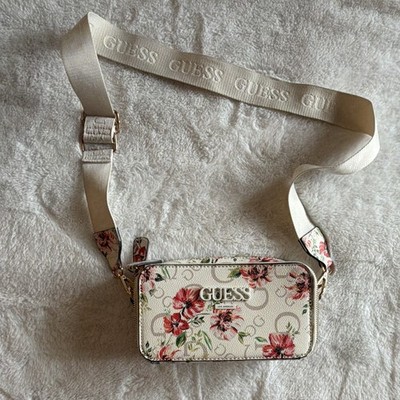 GUESS Small Floral Logo Strap Crossbody Bag Beige/Multicolor Zip Gold