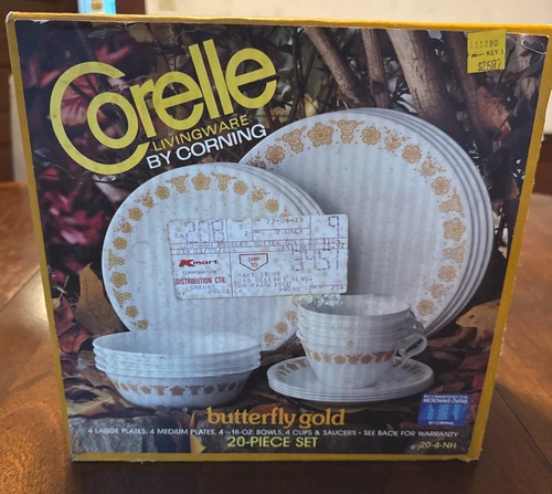 CORELLE BY CORNING LIVINGWARE  BUTTERFLY GOLD Pattern 20 PC DINNERWARE SET NEW
