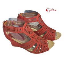 Earthies Carmona Wedge Sandals 7.5-8 (EUR SZ 38) Jazzy Red Leather Cutout