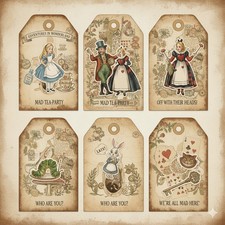 Set Of 12 Alice In Wonderland Tags Embellishments Junk Journal Scrapbook