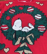 Vintage Snoopy & Friends Christmas Sweater Wreath Red Size Large Made In USA
