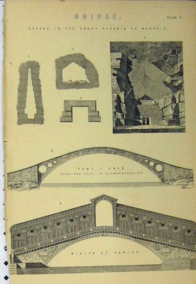 Alter antiker Druck um 1890 Brückenbögen große Pyramide Memphis Rialto Venedig 19.