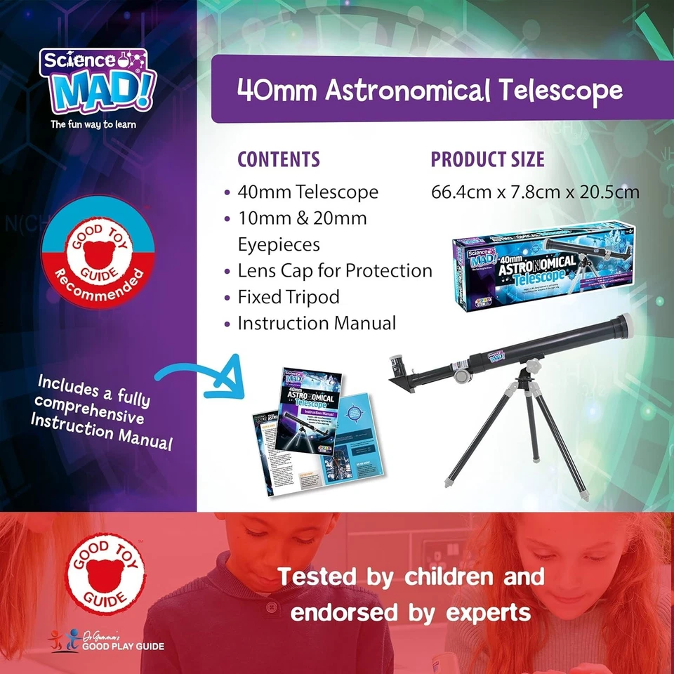 Science Mad 40mm Astronomical Telescope – Kids Beginner Scope with Tripod 50x - Image 3 of 4