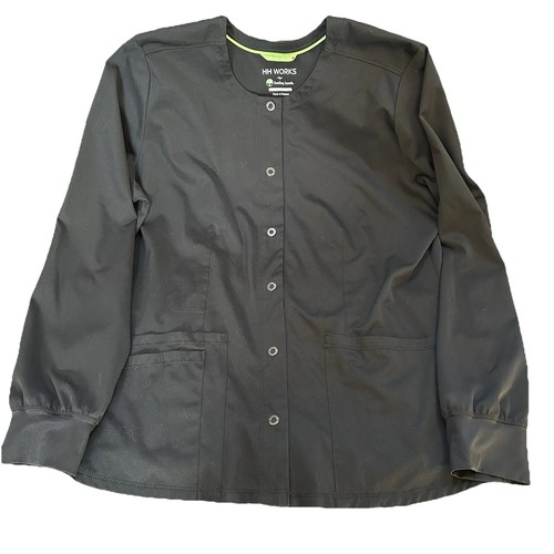 Large Black Long Sleeve Polyester/Spandex Scrub Jacket With Snap Closure