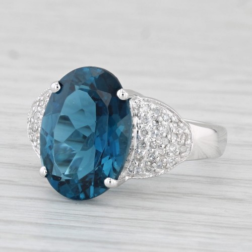 7.70ctw Ovalado London Topacio Azul Anillo con Diamante 14k Oro Blanco Talla 6.5