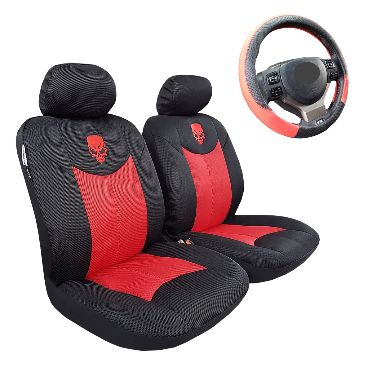 Skull Seat Covers Carbon Mesh For Car Truck SUV Leather Steering