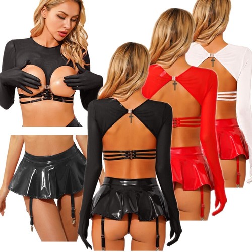 Sexy Women's Mesh T-Shirt Open Cup Bra Top Ruffle Skirt Built-in Thongs Clubwear - Picture 2 of 76