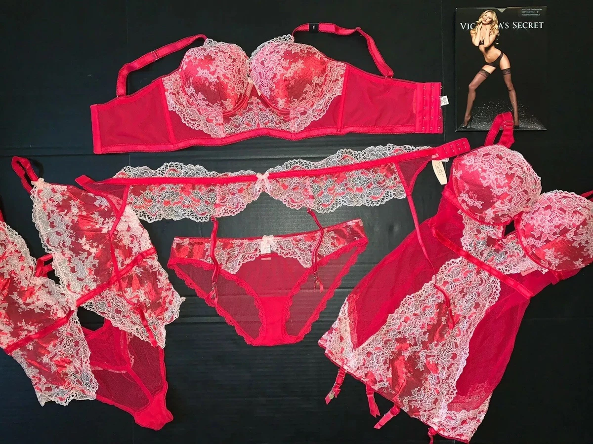 Victoria's Secret 36C BRA SET+GARTER SLIP+TEDDY RED PINK White lace  crystallized 