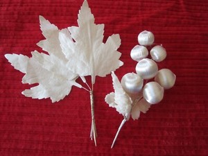 Lot of 2 Artificial WHITE LEAF SILK BALL Floral Picks Christmas Holiday  Crafts