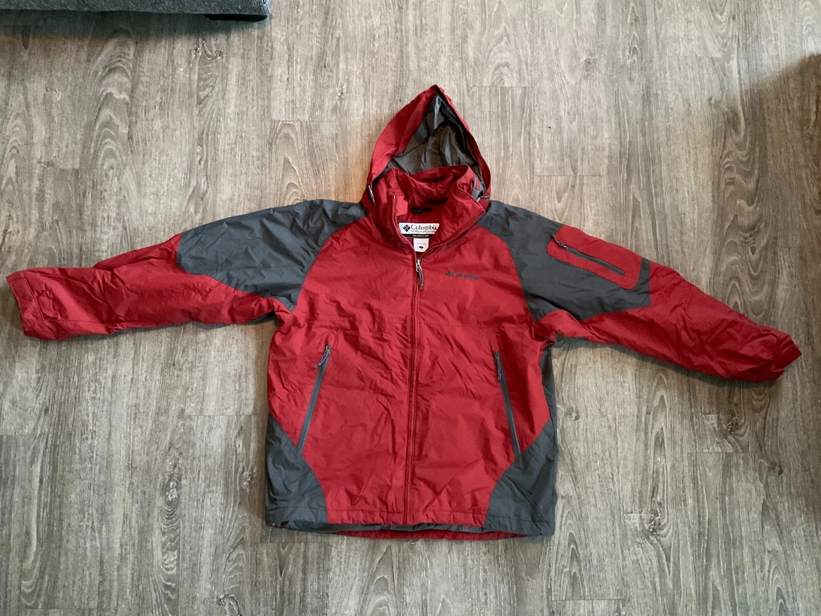Columbia Powder Lake Jacket Red Full Zip Hooded Waterproof Fabric Coat Mens L